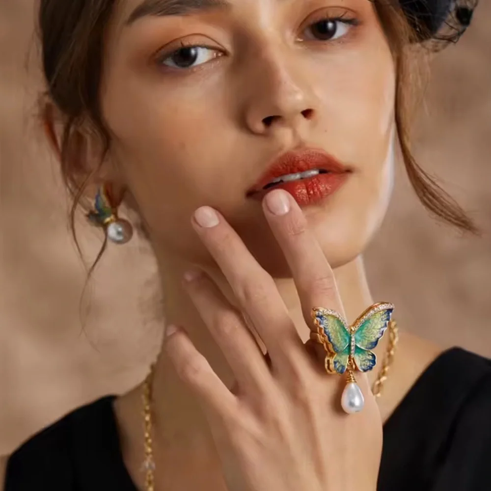 Vintage Luxury Craftsmanship Elegant Butterfly Pearl Ring Earrings Set